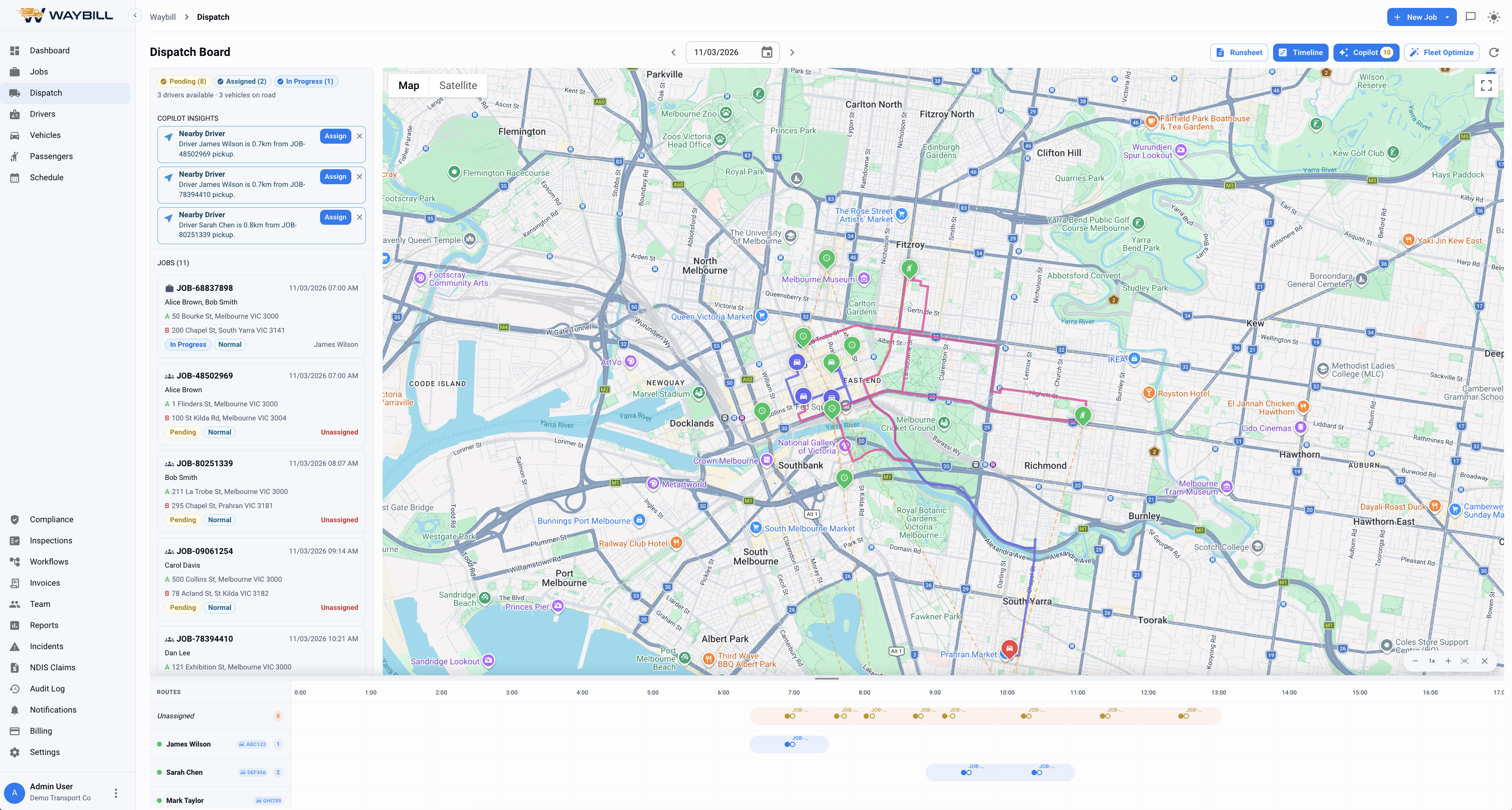 Waybill dispatch board — real-time job management and fleet visibility